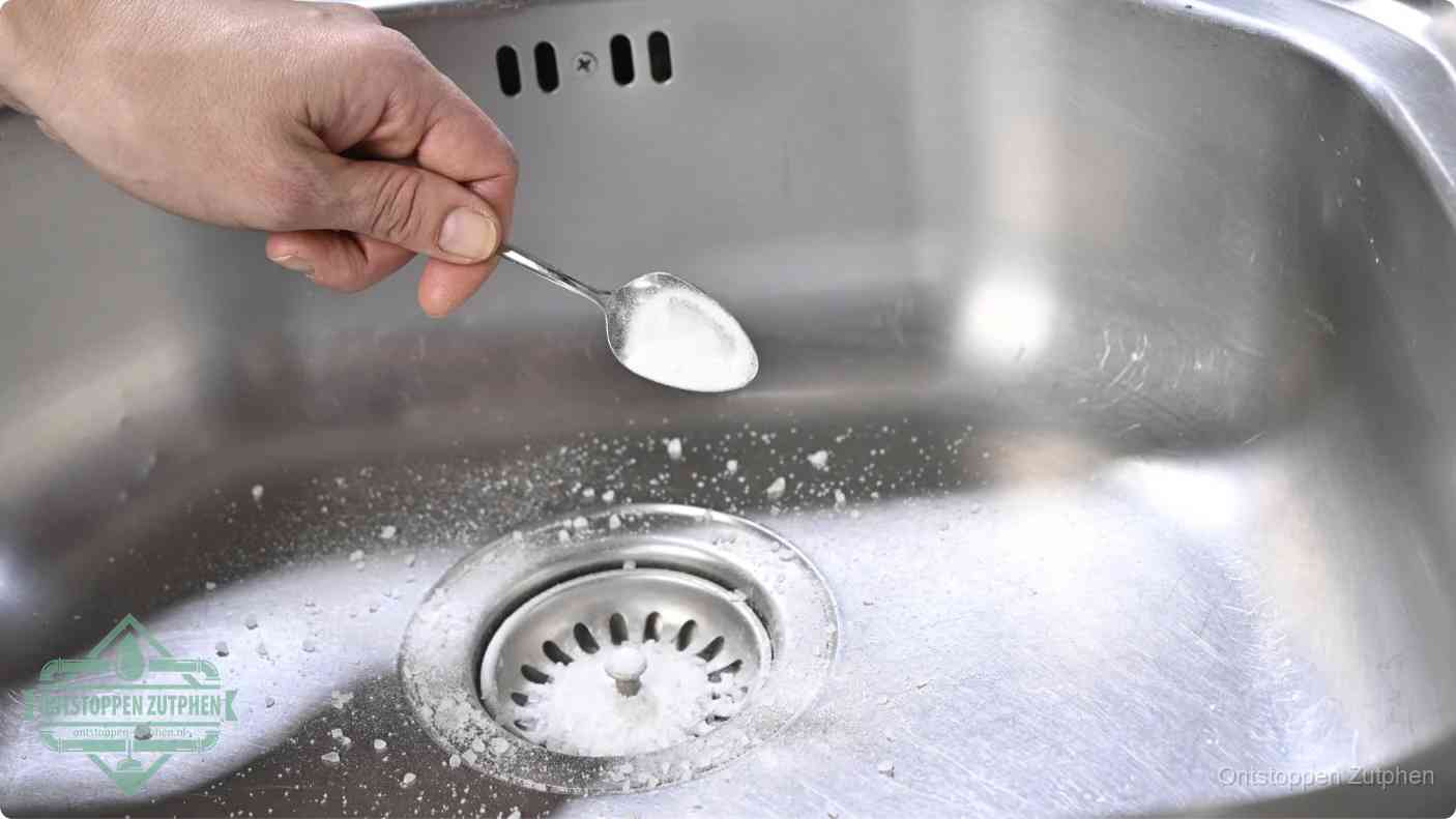 Een hand strooit met een lepel soda in de afvoer van een roestvrijstalen spoelbak, de soda en azijn huismiddel-methode om de afvoer te ontstoppen in Zutphen