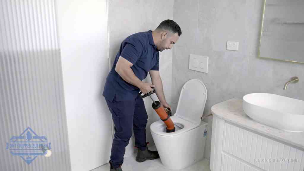 Een monteur buigt over een wandcloset en duwt met de hand een persluchtontstopper in de toiletpot om de verstopping handmatig los te maken in Zutphen