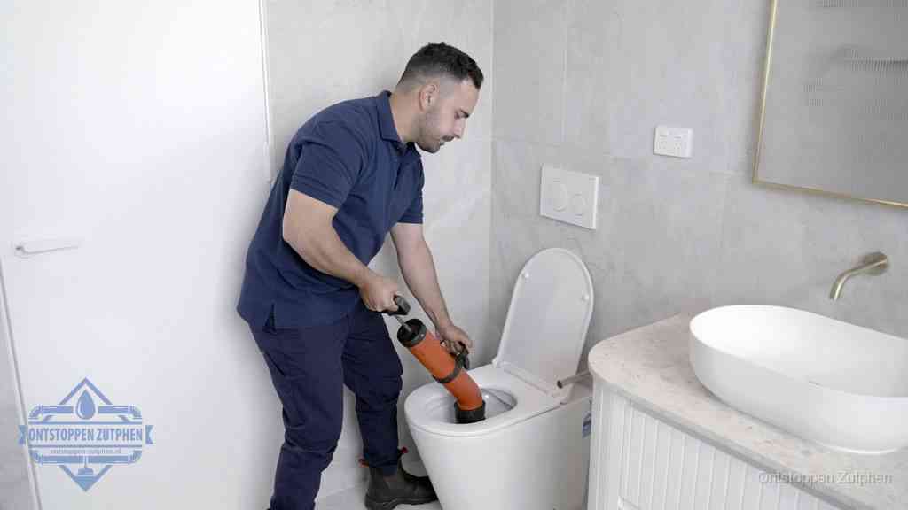 Een monteur gebruikt een handmatige perspomp (toiletontstopper) op een wandcloset tijdens het professioneel wc ontstoppen in Zutphen